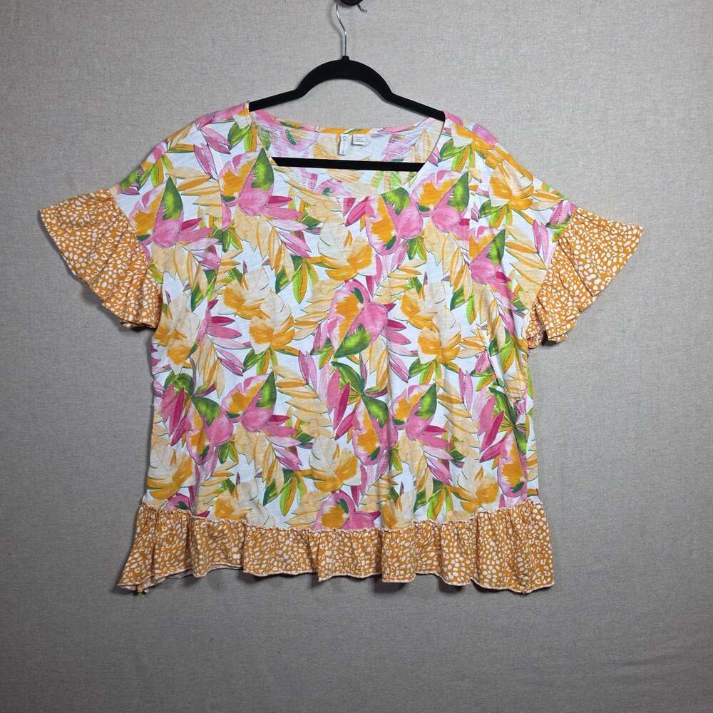 Cato Womens Floral ruffle Flutter Sleeve Tank Blouse Pink orange green 18/20W